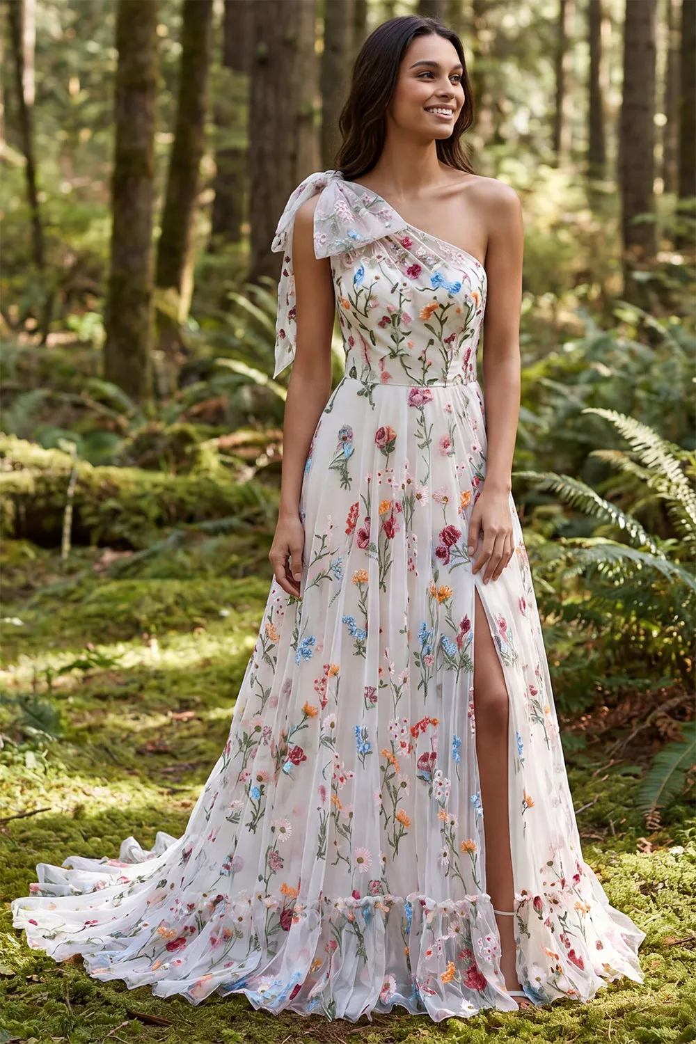 One Shoulder Ivory Floral A-Line Long Wedding Dress with Slit sold by Zapaka