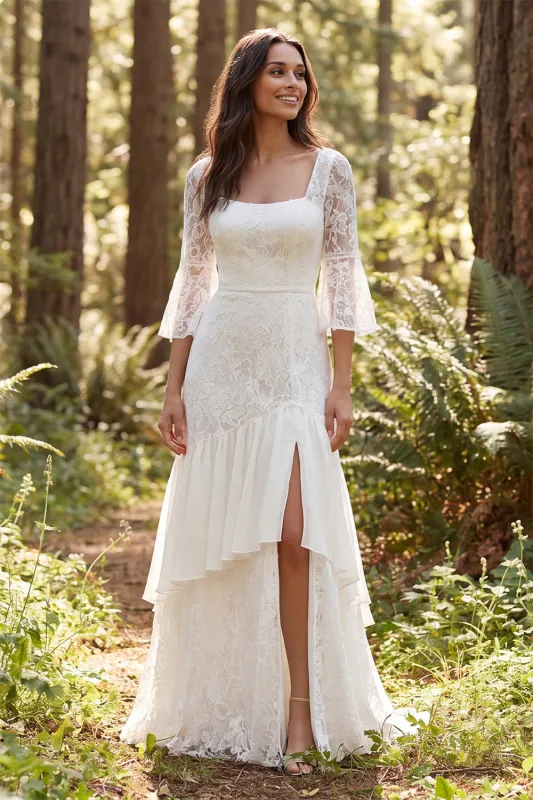 Ivory Lace A-Line 3/4 Sleeves Long Wedding Dress with Slit made by Zapaka