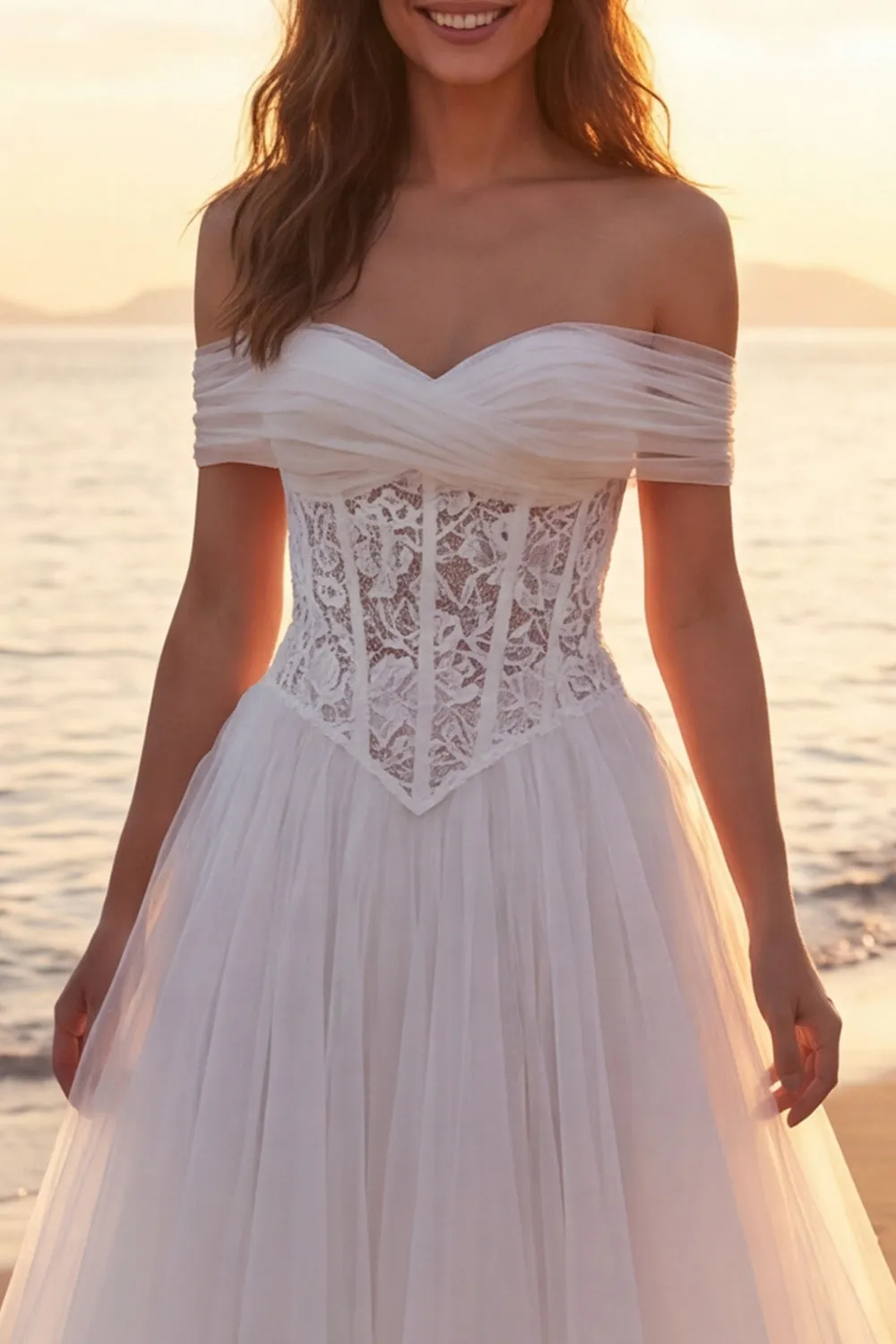 Ivory A-Line Off the Shoulder Corset Long Tulle Wedding Dress sold by Zapaka product image thumbnail 3