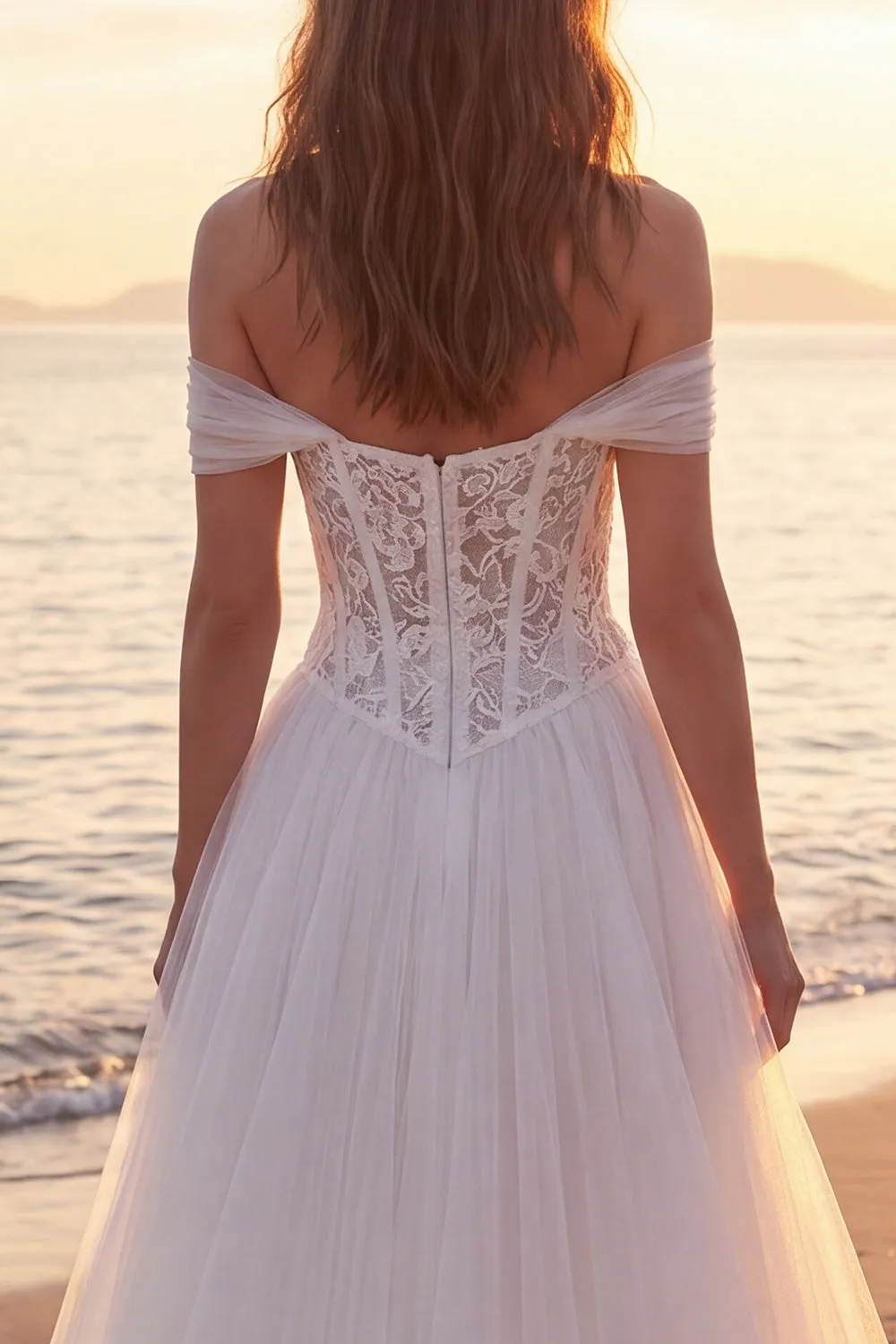 Ivory A-Line Off the Shoulder Corset Long Tulle Wedding Dress sold by Zapaka product image thumbnail 4