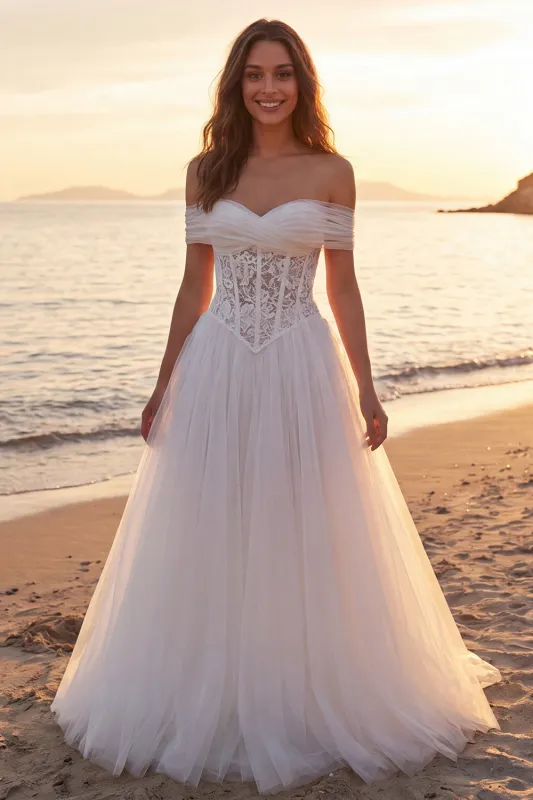 Ivory A-Line Off the Shoulder Corset Long Tulle Wedding Dress made by Zapaka