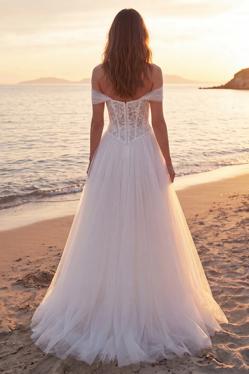 Ivory A-Line Off the Shoulder Corset Long Tulle Wedding Dress sold by Zapaka product image thumbnail 2
