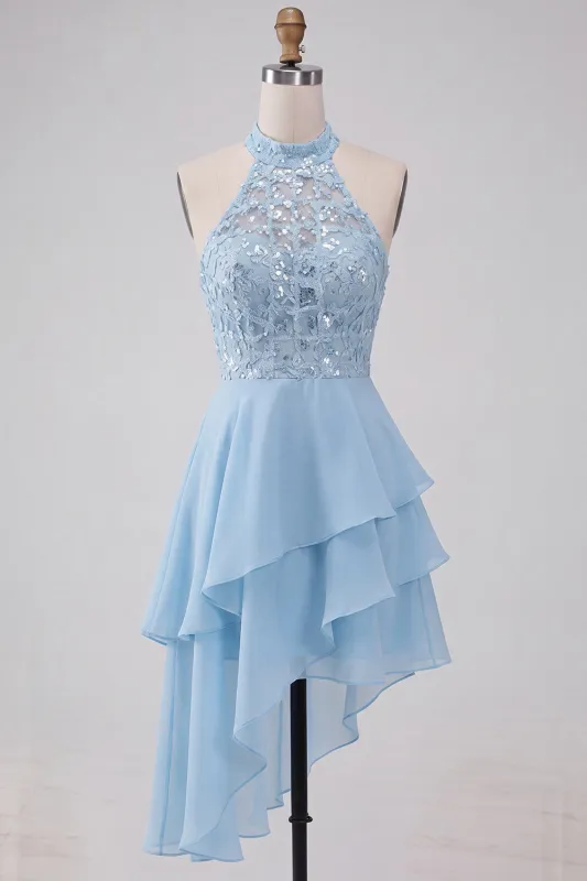 Sky Blue Halter Neck High-Low Sequin Lace Chiffon Homecoming Dress made by Zapaka