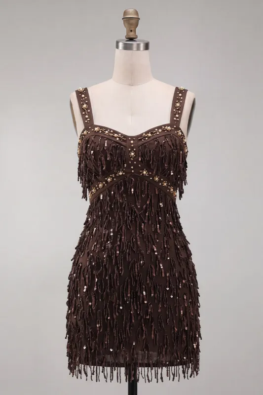 Brown Bodycon Sequins Fringed Short Homecoming Dress with Pearls made by Zapaka