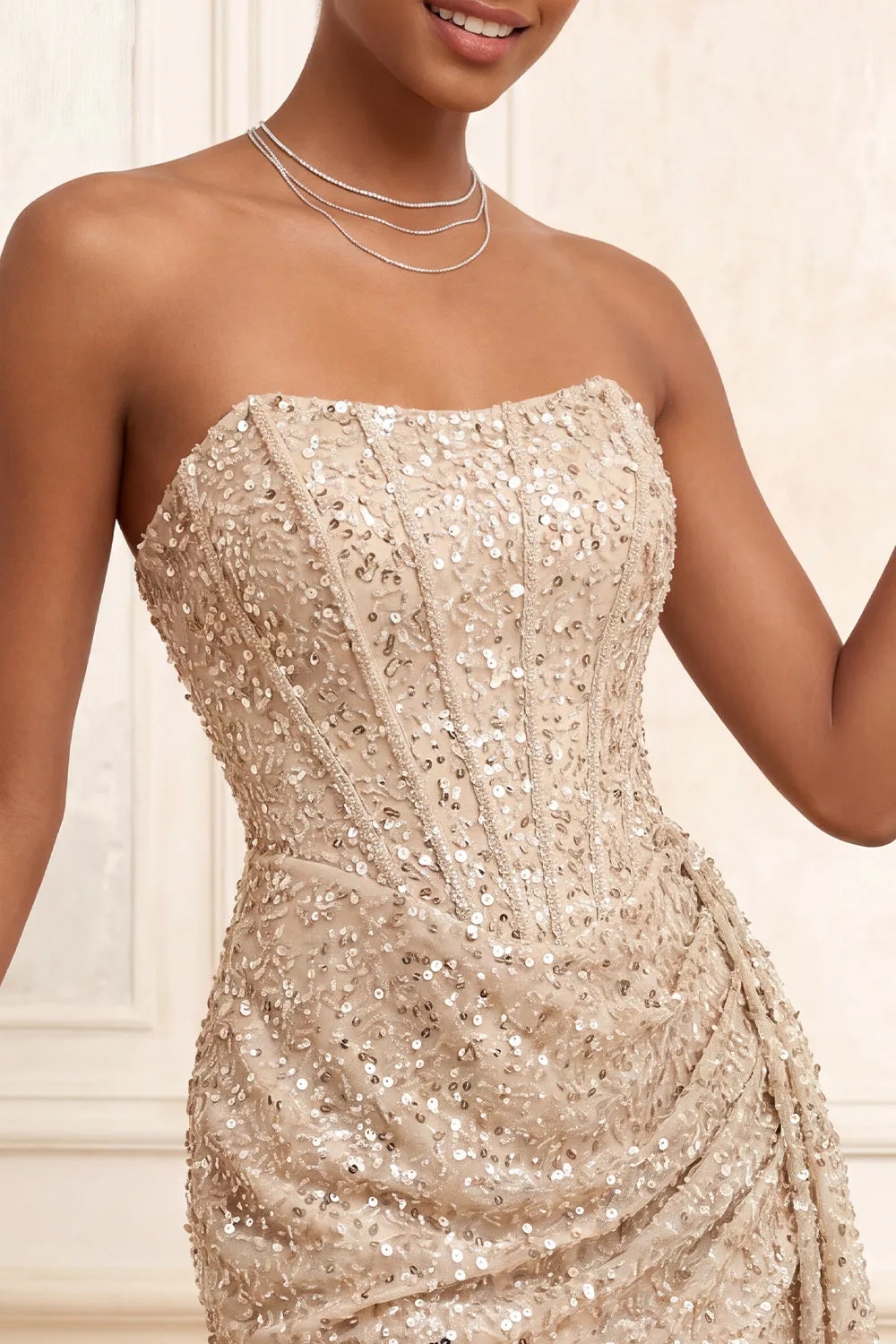 Sparkly Champagne Strapless Bodycon Sequins Corset Short Homecoming Dress with Sash sold by Zapaka product image thumbnail 5