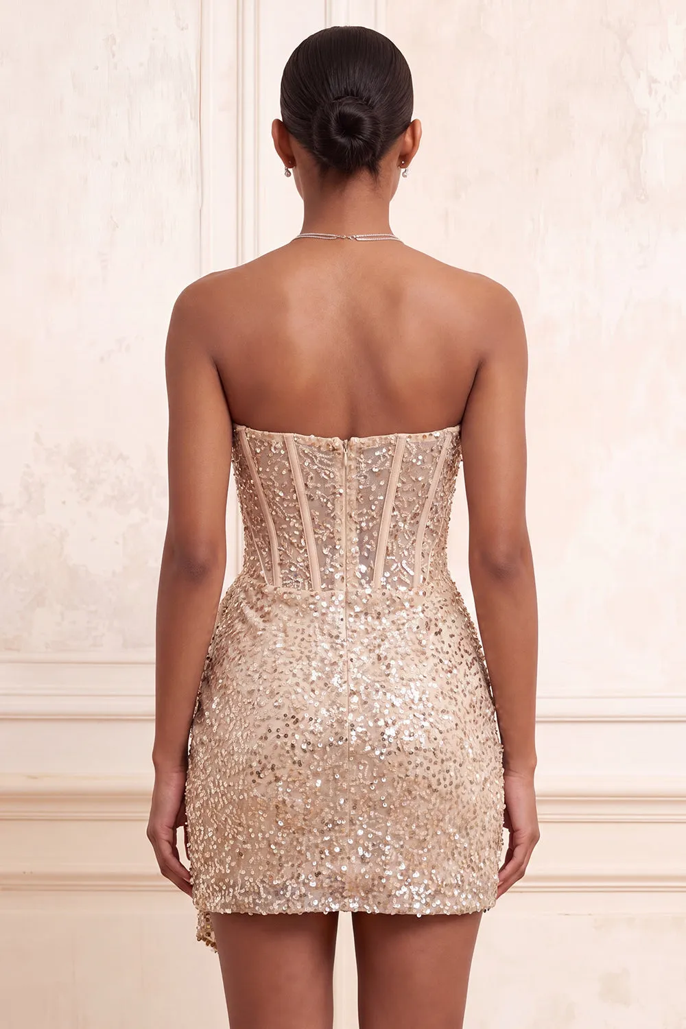 Sparkly Champagne Strapless Bodycon Sequins Corset Short Homecoming Dress with Sash sold by Zapaka product image thumbnail 4