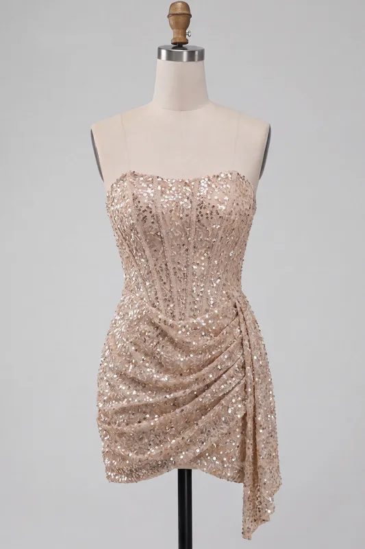 Sparkly Champagne Strapless Bodycon Sequins Corset Short Homecoming Dress with Sash made by Zapaka