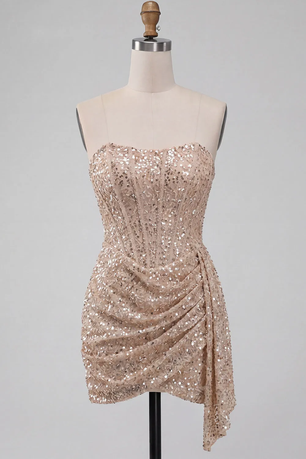 Sparkly Champagne Strapless Bodycon Sequins Corset Short Homecoming Dress with Sash sold by Zapaka