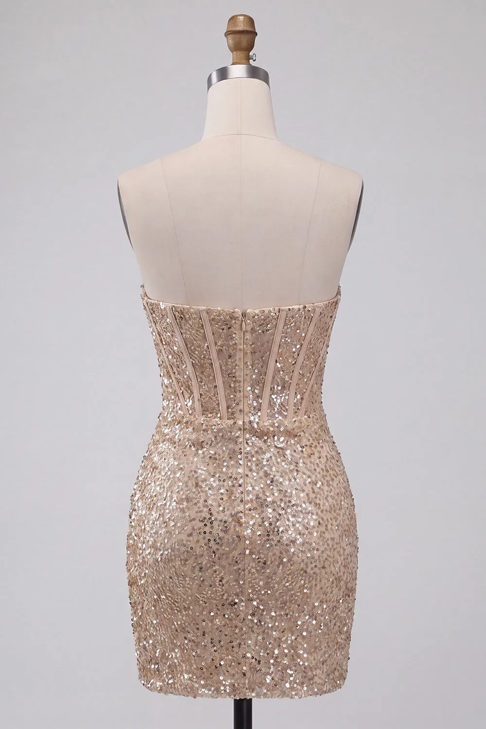 Sparkly Champagne Strapless Bodycon Sequins Corset Short Homecoming Dress with Sash sold by Zapaka product image thumbnail 2