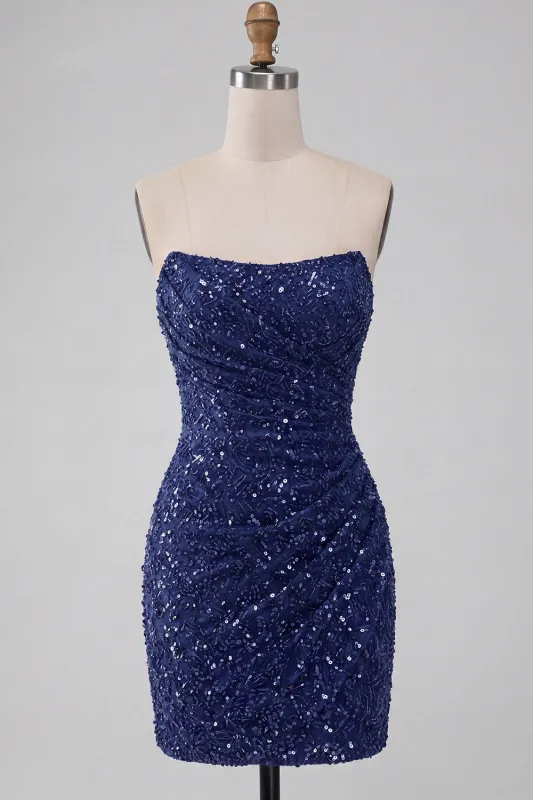 Sparkly Strapless Navy Bodycon Short Sequin Homecoming Dress made by Zapaka