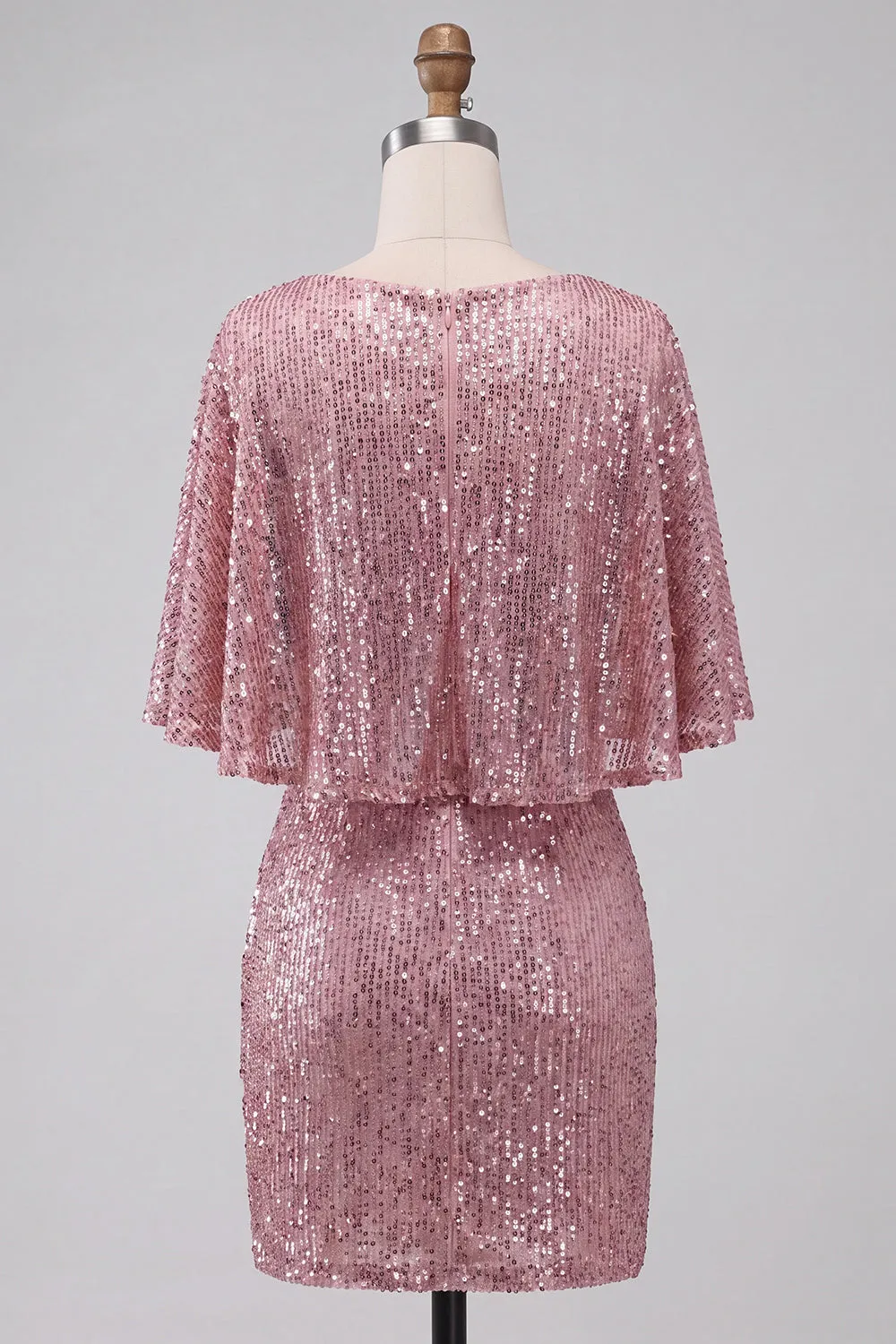 Sparkly Pink Bodycon Round Neck Sequins Ruched Short Homecoming Dress with Sash sold by Zapaka product image thumbnail 2