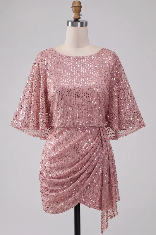 Sparkly Pink Bodycon Round Neck Sequins Ruched Short Homecoming Dress with Sash made by Zapaka