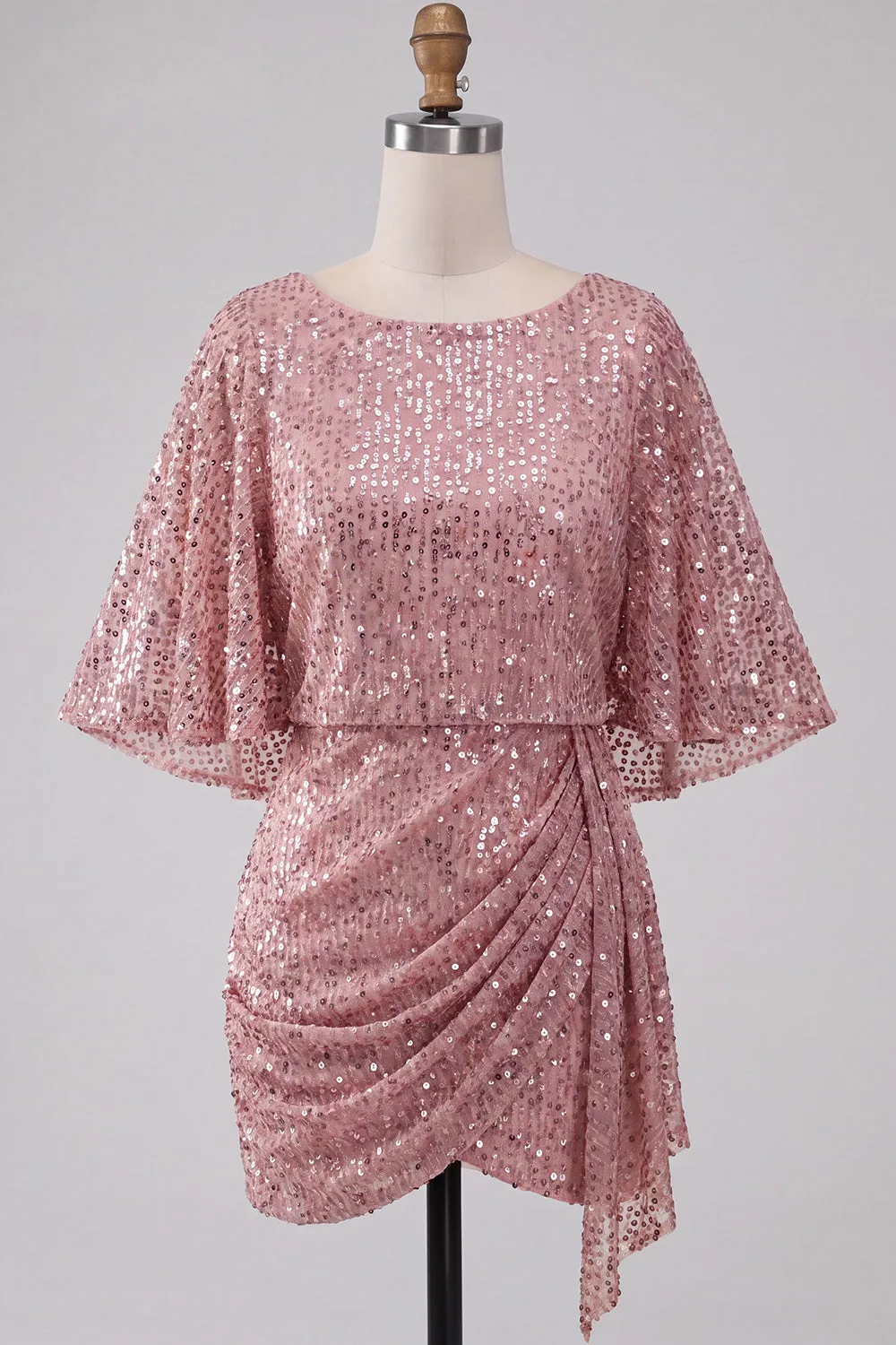 Sparkly Pink Bodycon Round Neck Sequins Ruched Short Homecoming Dress with Sash sold by Zapaka
