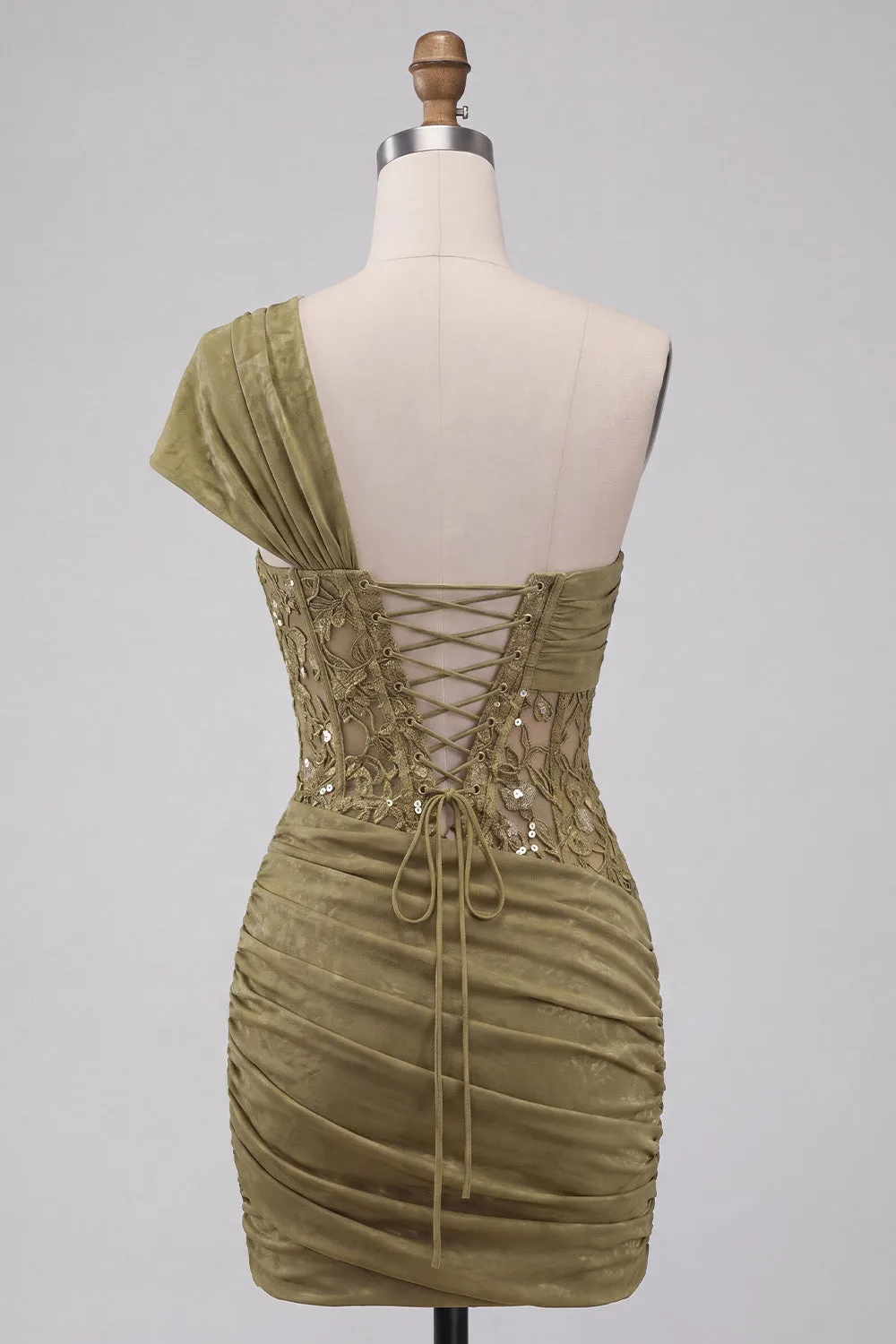 One Shoulder Olive Sheer Corset Ruched Short Homecoming Dress with Lace Up Back sold by Zapaka product image thumbnail 2
