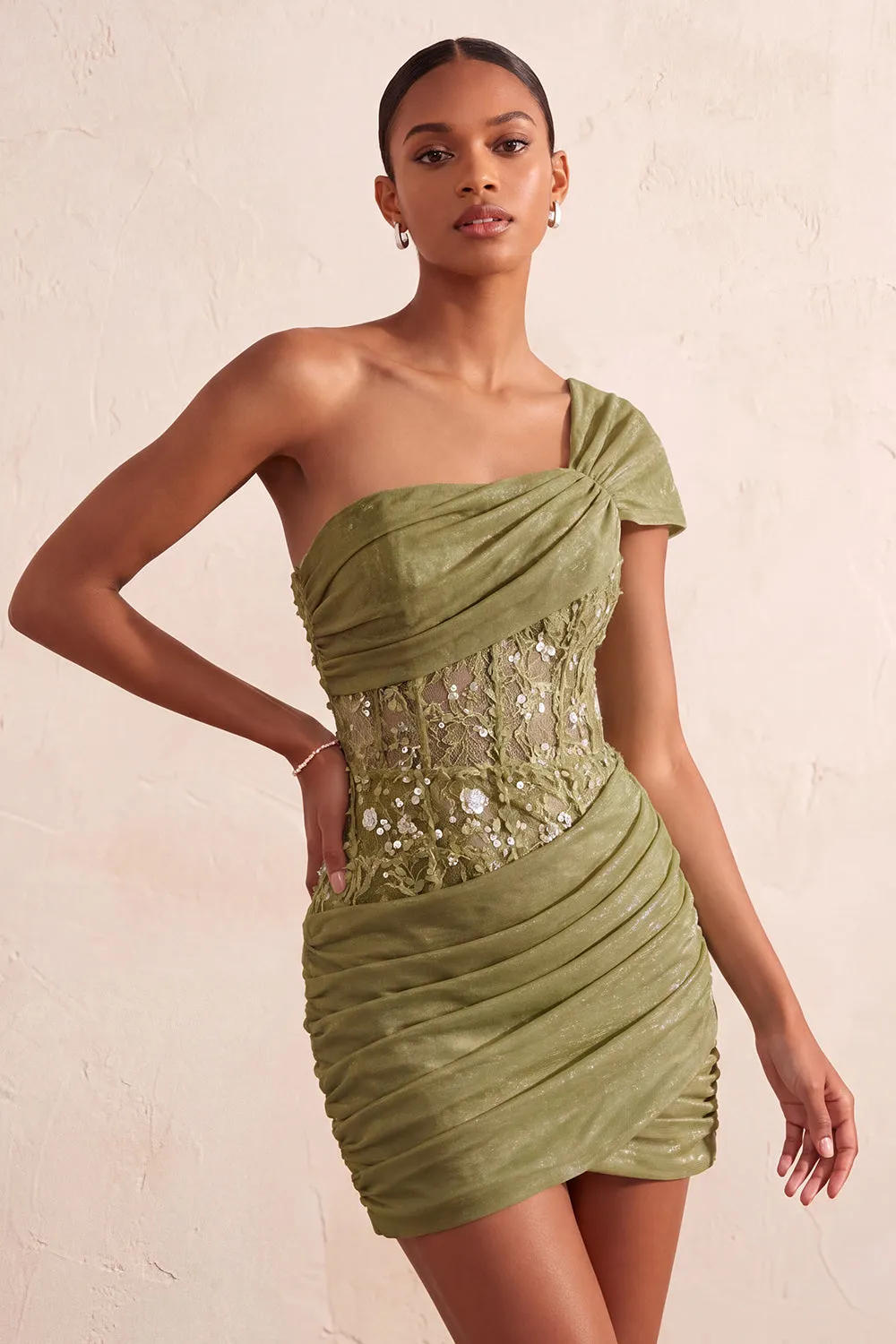 One Shoulder Olive Sheer Corset Ruched Short Homecoming Dress with Lace Up Back sold by Zapaka product image thumbnail 3