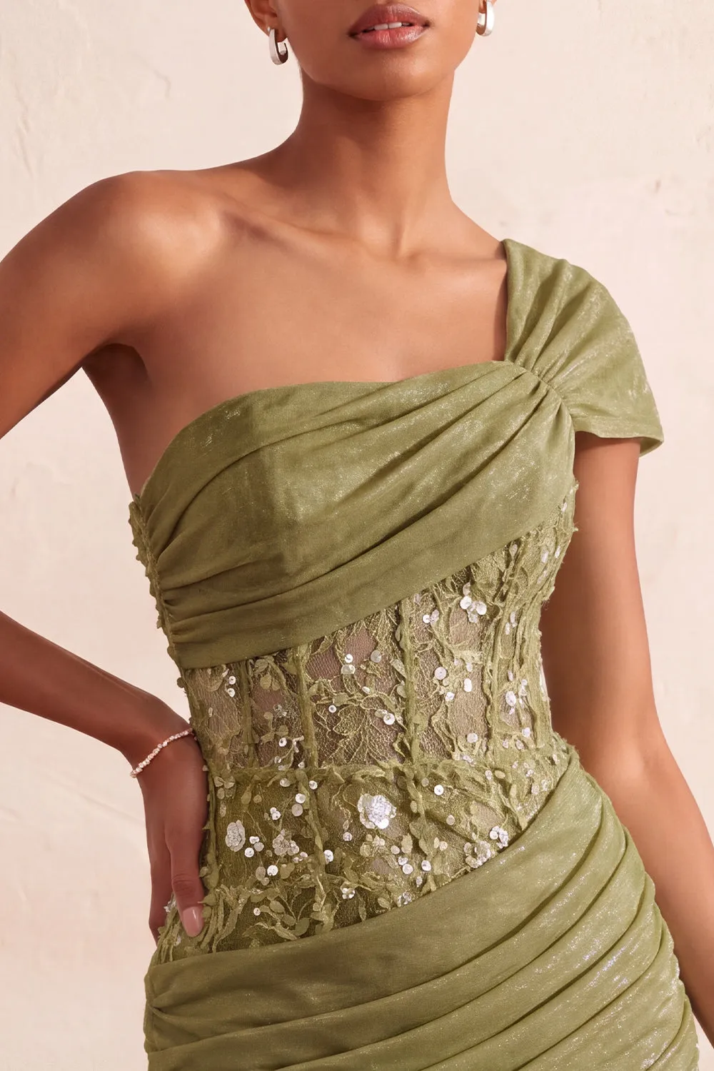 One Shoulder Olive Sheer Corset Ruched Short Homecoming Dress with Lace Up Back sold by Zapaka product image thumbnail 5