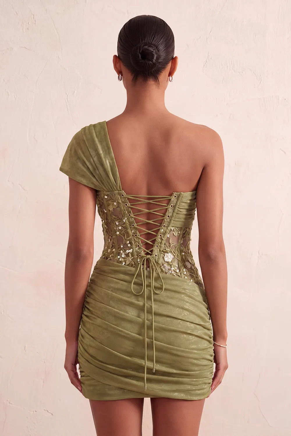 One Shoulder Olive Sheer Corset Ruched Short Homecoming Dress with Lace Up Back sold by Zapaka product image thumbnail 4