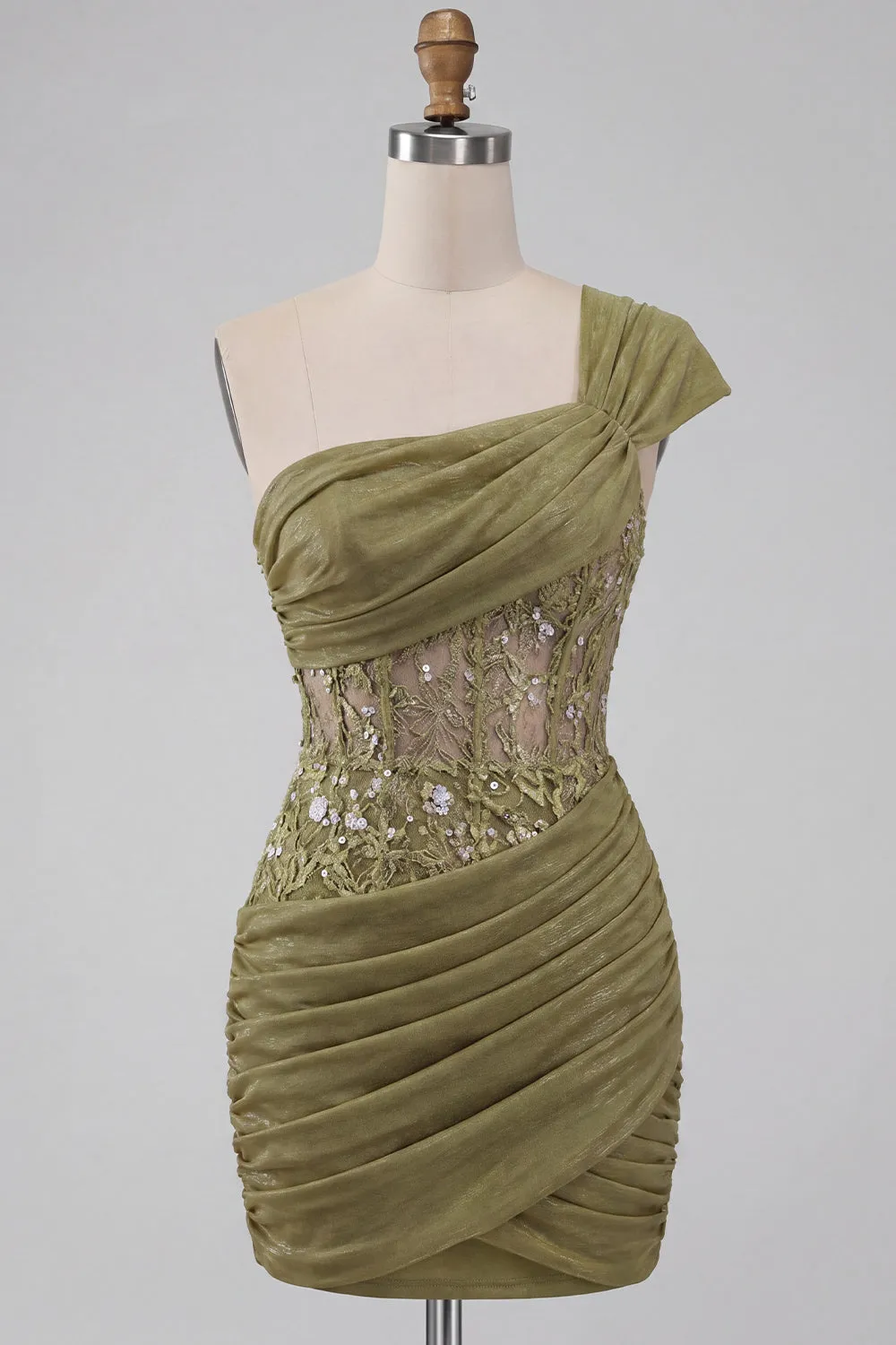 One Shoulder Olive Sheer Corset Ruched Short Homecoming Dress with Lace Up Back sold by Zapaka