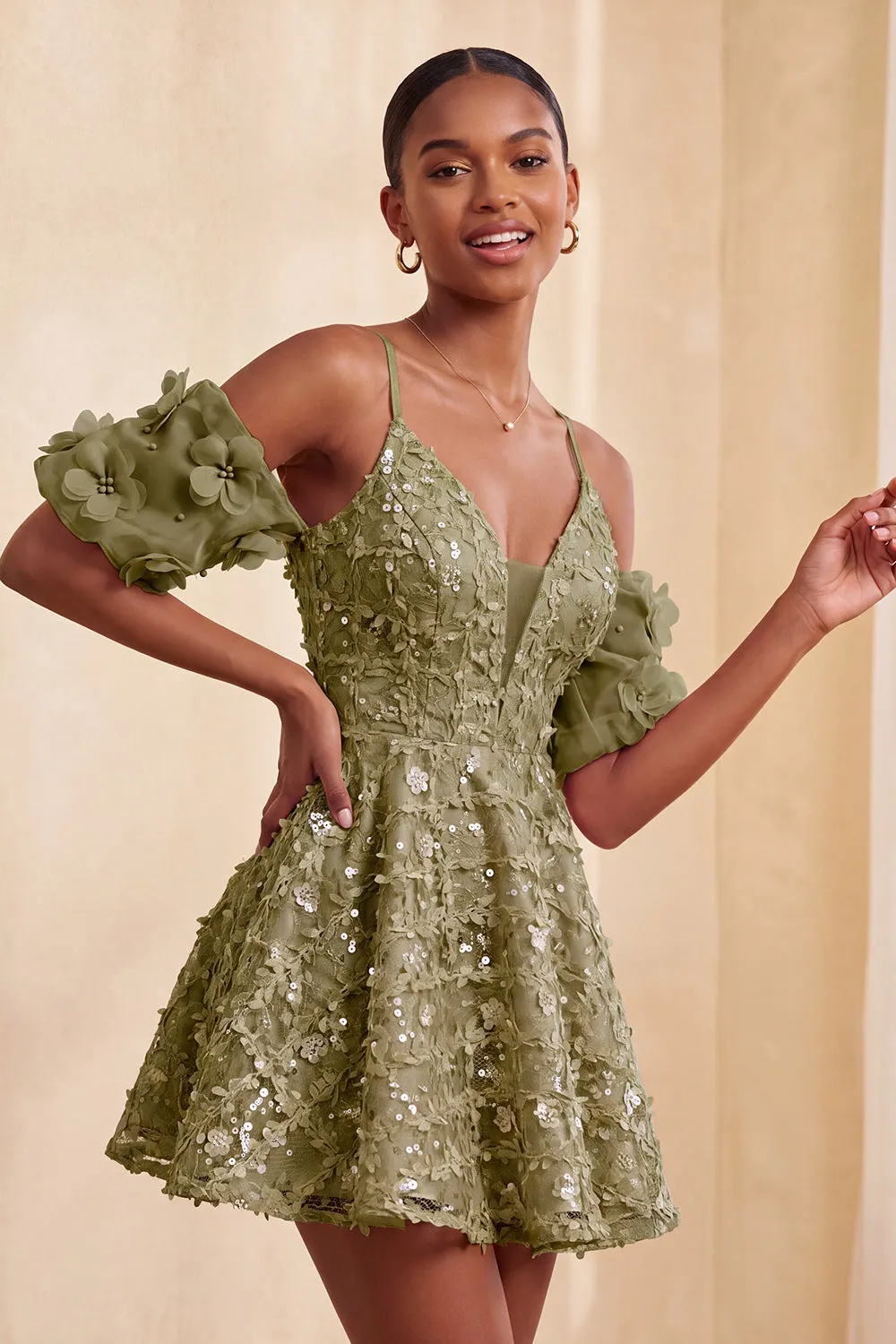 Olive Cold Shoulder Sequins A-Line Ruffled Homecoming Dress with Lace Up Back sold by Zapaka product image thumbnail 3