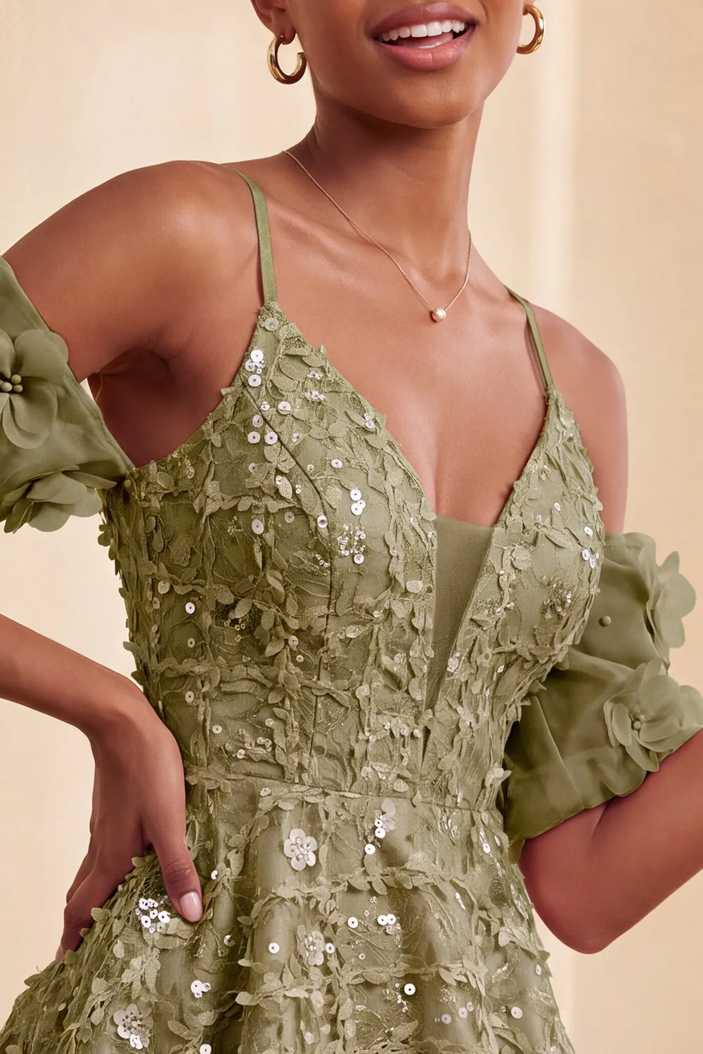 Olive Cold Shoulder Sequins A-Line Ruffled Homecoming Dress with Lace Up Back sold by Zapaka product image thumbnail 5