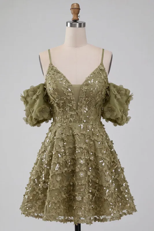 Olive Cold Shoulder Sequins A-Line Ruffled Homecoming Dress with Lace Up Back made by Zapaka