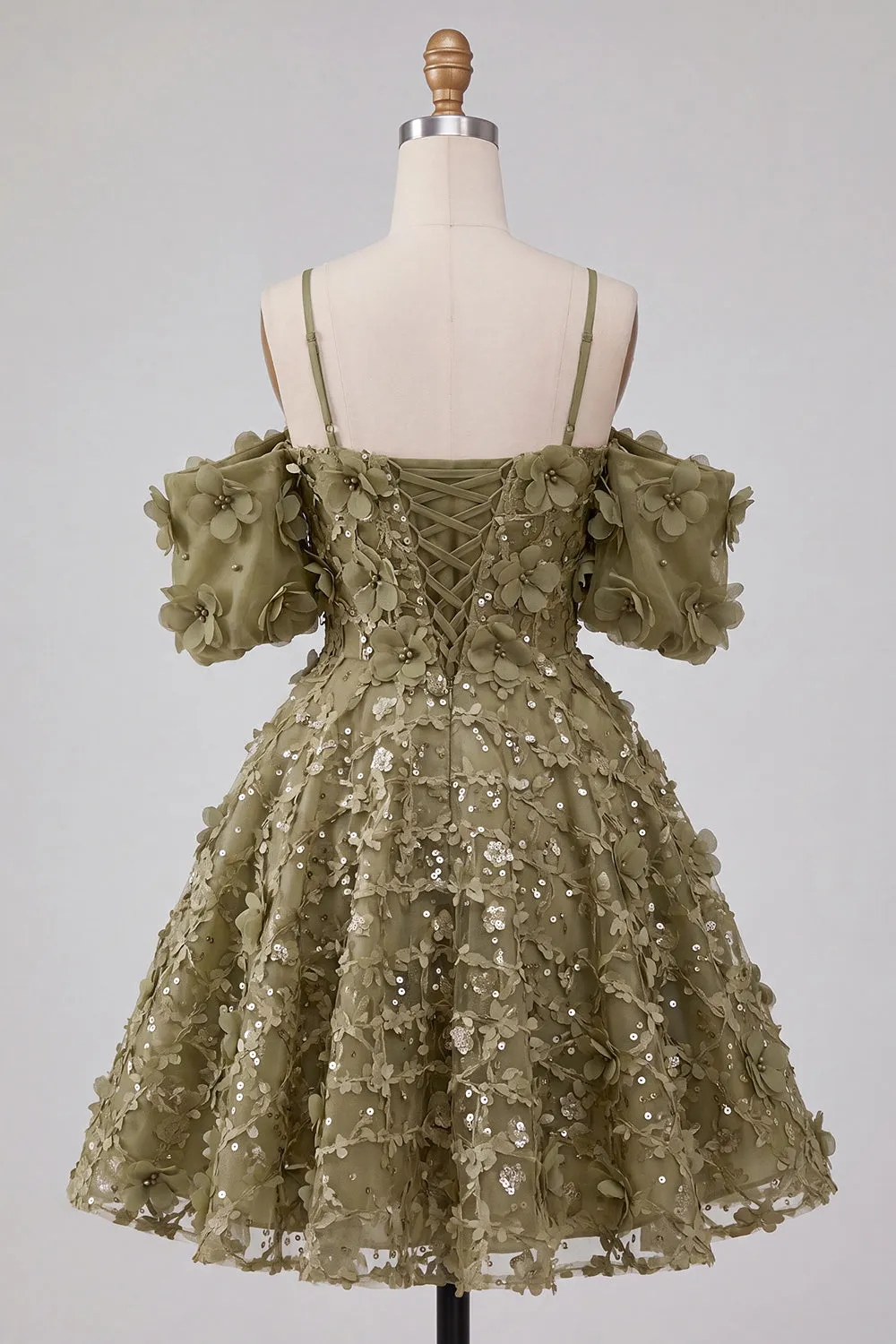 Olive Cold Shoulder Sequins A-Line Ruffled Homecoming Dress with Lace Up Back sold by Zapaka product image thumbnail 2