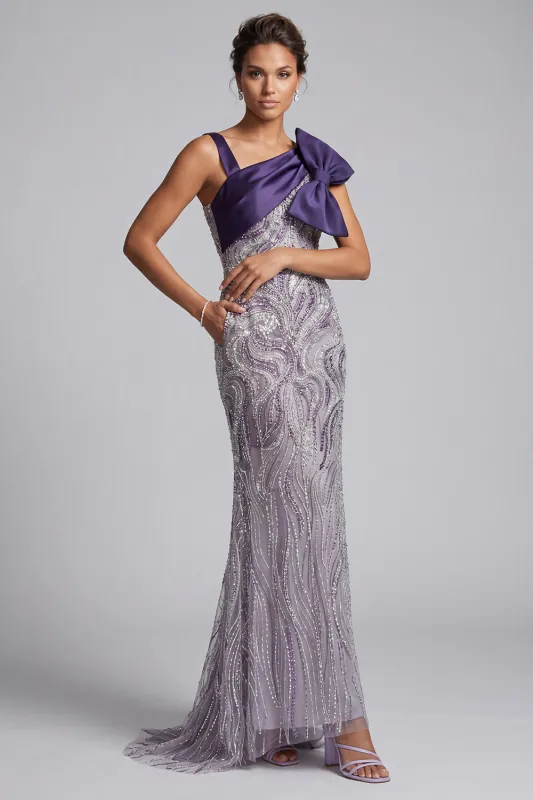 Mermaid Purple Beaded Bow Long Mother of the Bride Dress with Pockets made by Zapaka