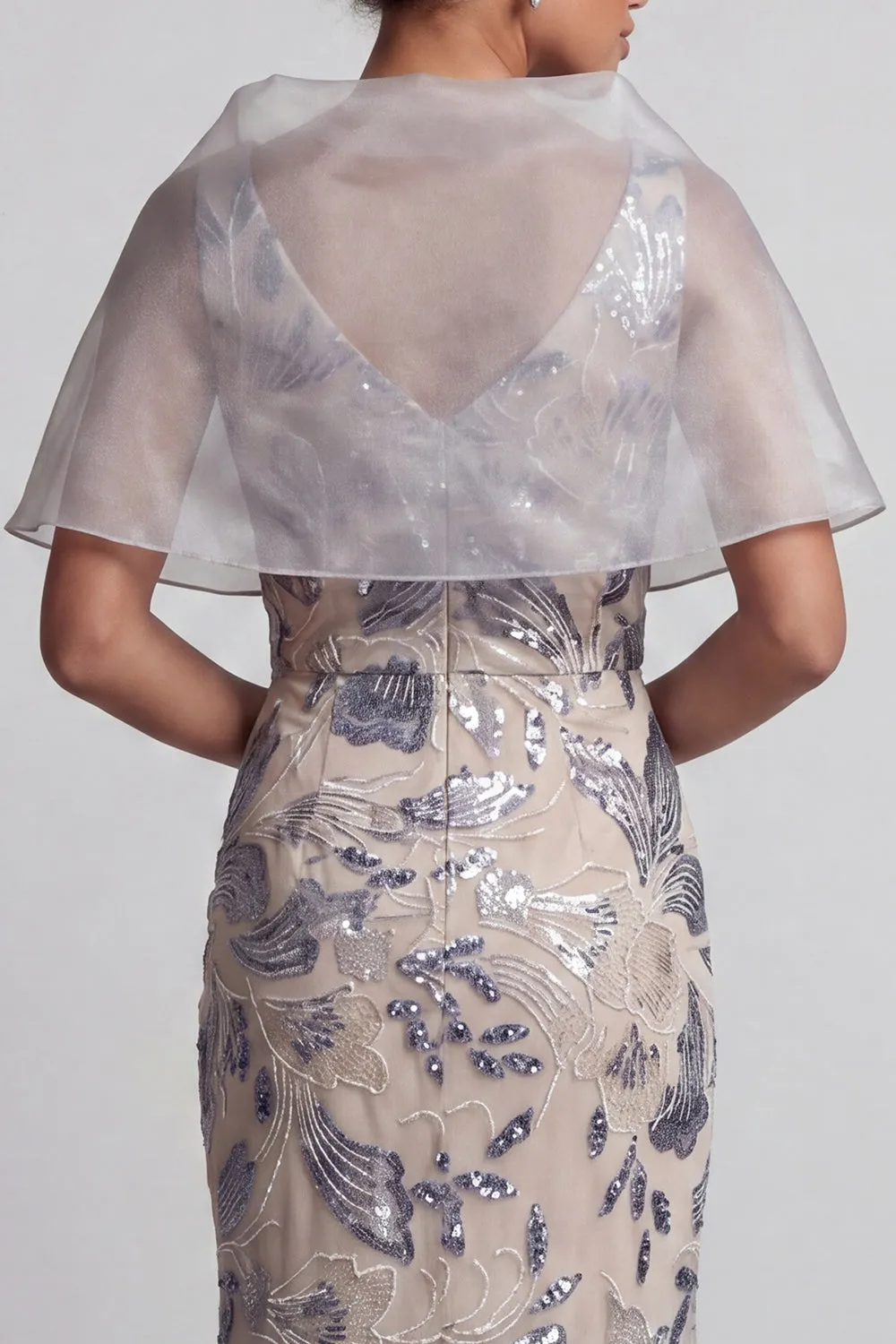 Silver Mermaid Floral V-Neck Sequins Long Mother of the Bride Dress with Cape sold by Zapaka product image thumbnail 5