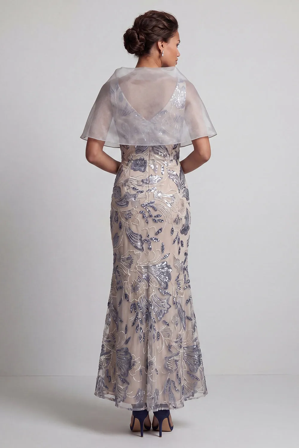 Silver Mermaid Floral V-Neck Sequins Long Mother of the Bride Dress with Cape sold by Zapaka product image thumbnail 2