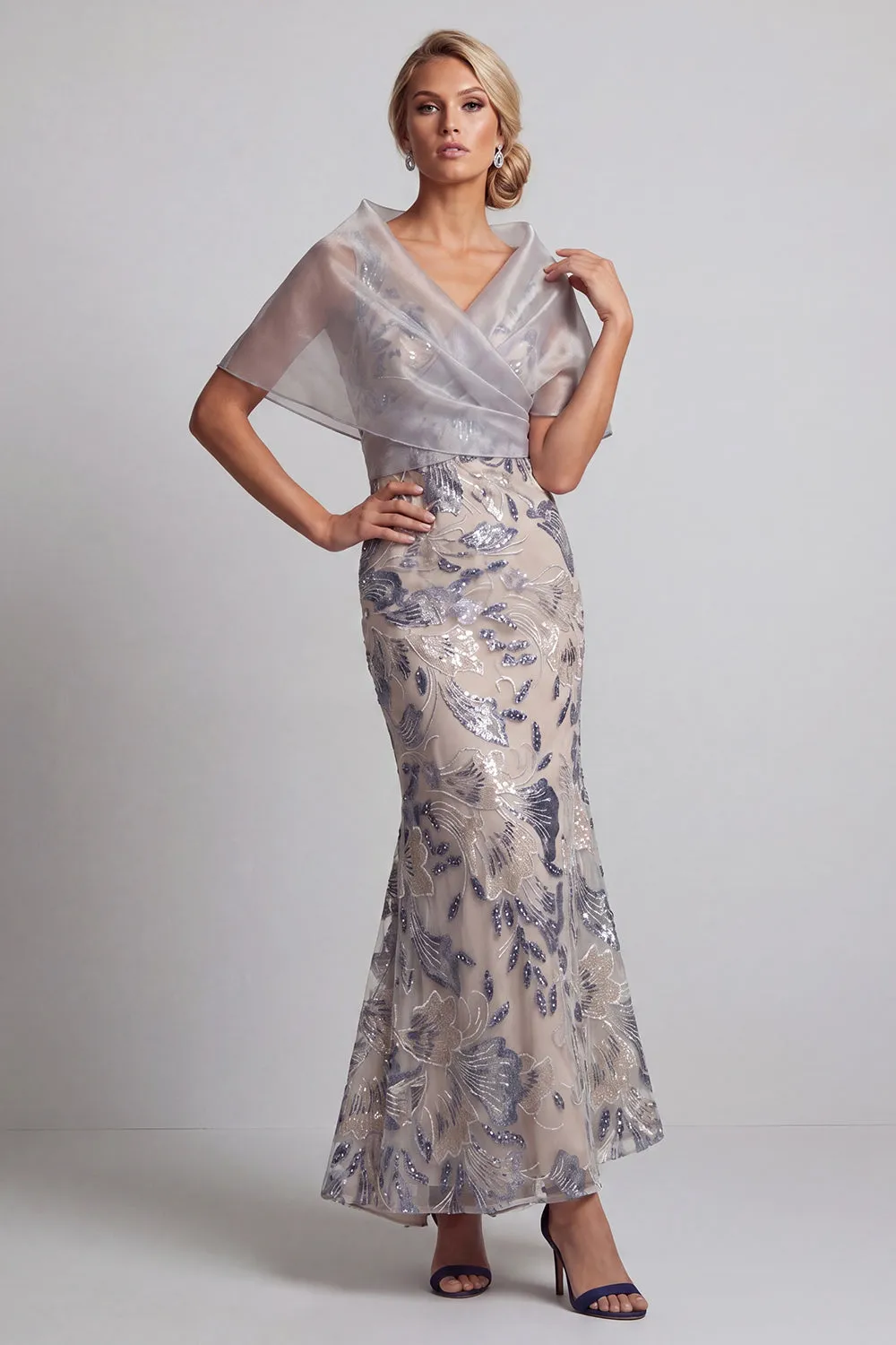 Silver Mermaid Floral V-Neck Sequins Long Mother of the Bride Dress with Cape sold by Zapaka product image thumbnail 3