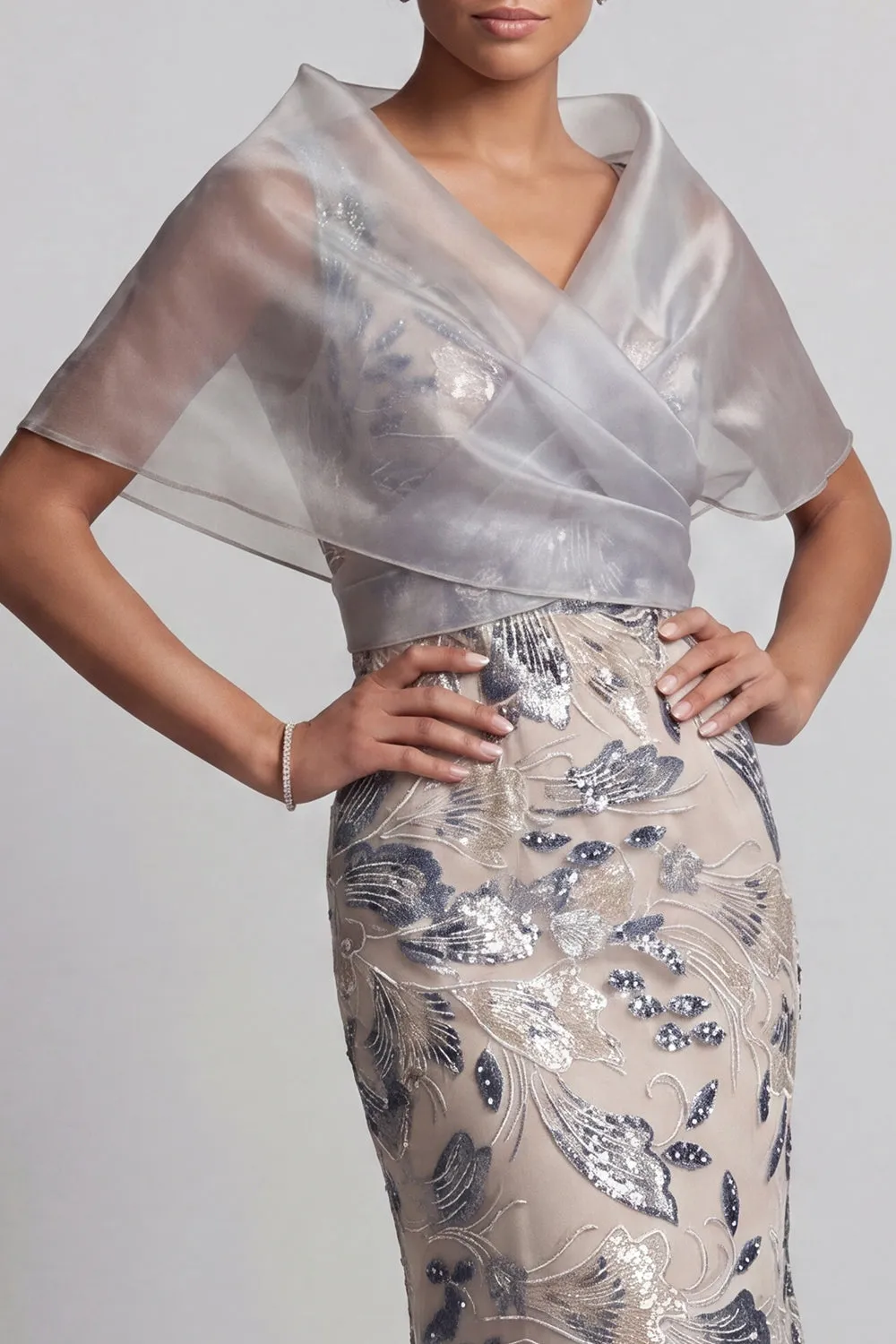 Silver Mermaid Floral V-Neck Sequins Long Mother of the Bride Dress with Cape sold by Zapaka product image thumbnail 4