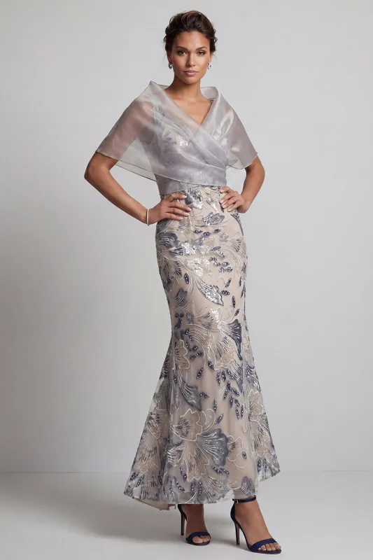 Silver Mermaid Floral V-Neck Sequins Long Mother of the Bride Dress with Cape made by Zapaka