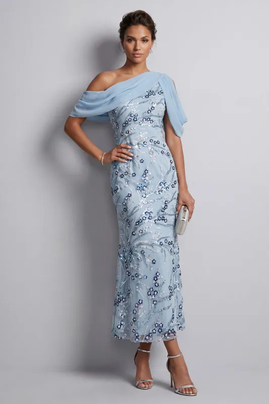 Sky Blue One Shoulder Bodycon Floral Sequins Long Mother of the Bride Dress made by Zapaka