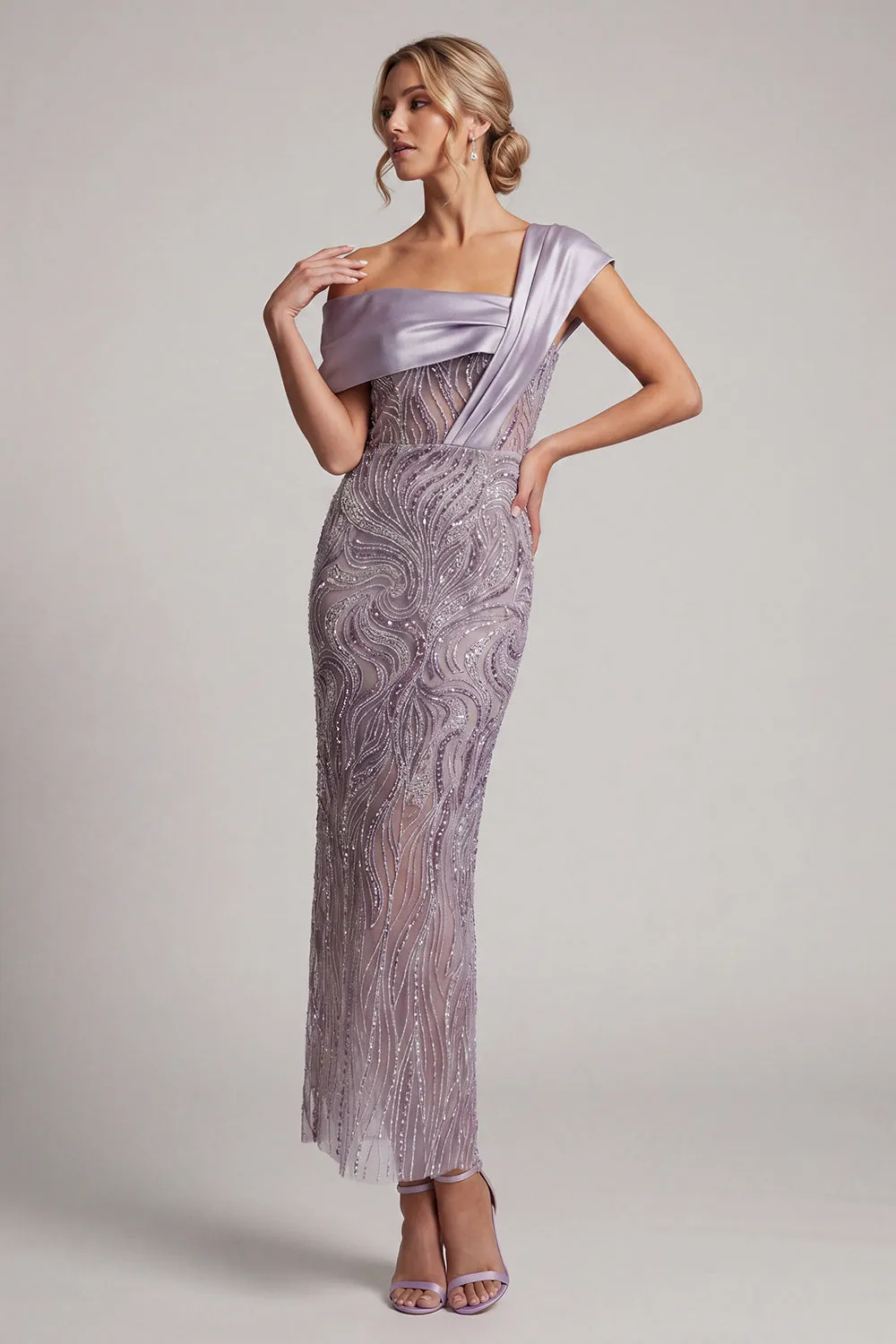 Lilac Bodycon One Shoulder Beaded Long Mother of the Bride Dress with Slit sold by Zapaka product image thumbnail 3