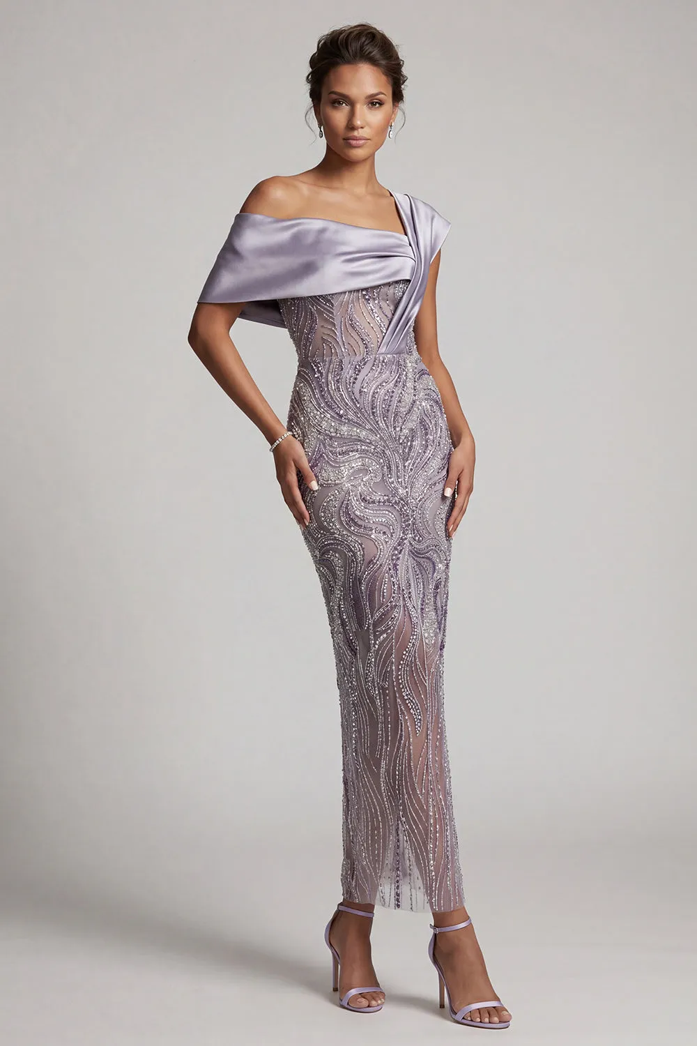 Lilac Bodycon One Shoulder Beaded Long Mother of the Bride Dress with Slit sold by Zapaka