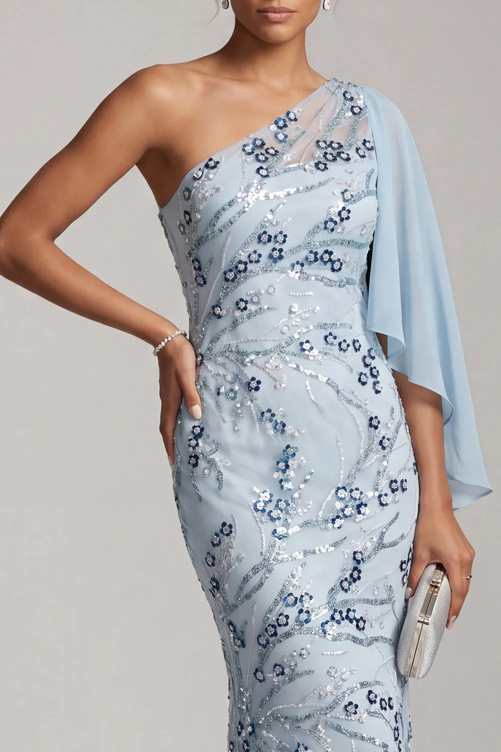Sky Blue Mermaid One Shoulder Sequins Floral Long Mother of the Bride Dress sold by Zapaka product image thumbnail 4
