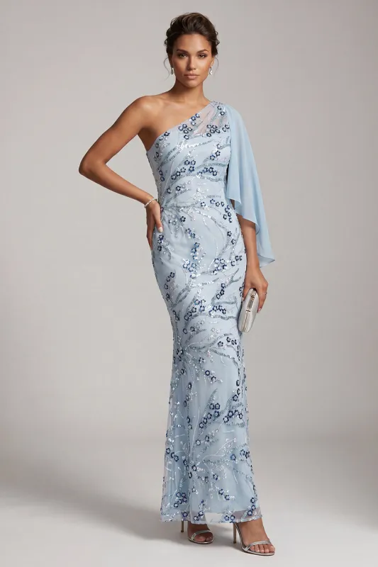Sky Blue Mermaid One Shoulder Sequins Floral Long Mother of the Bride Dress made by Zapaka
