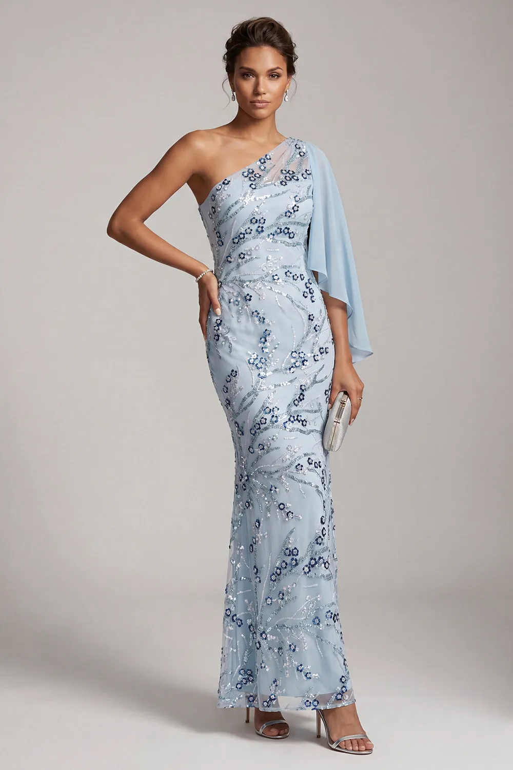 Sky Blue Mermaid One Shoulder Sequins Floral Long Mother of the Bride Dress sold by Zapaka