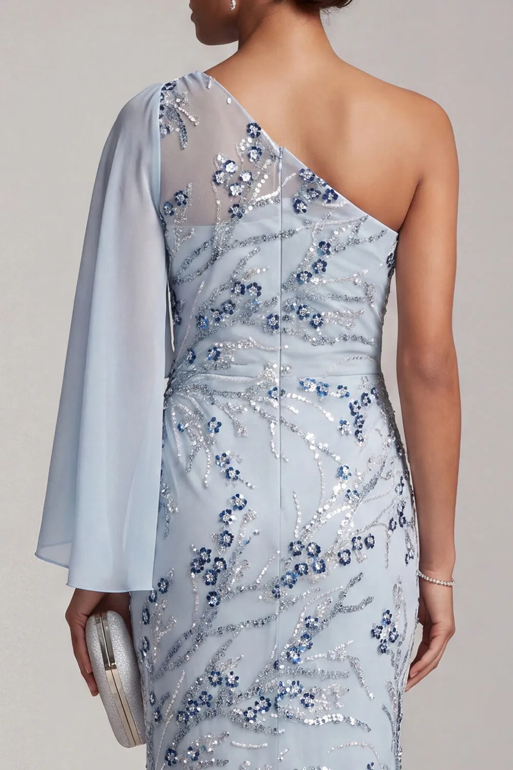Sky Blue Mermaid One Shoulder Sequins Floral Long Mother of the Bride Dress sold by Zapaka product image thumbnail 5