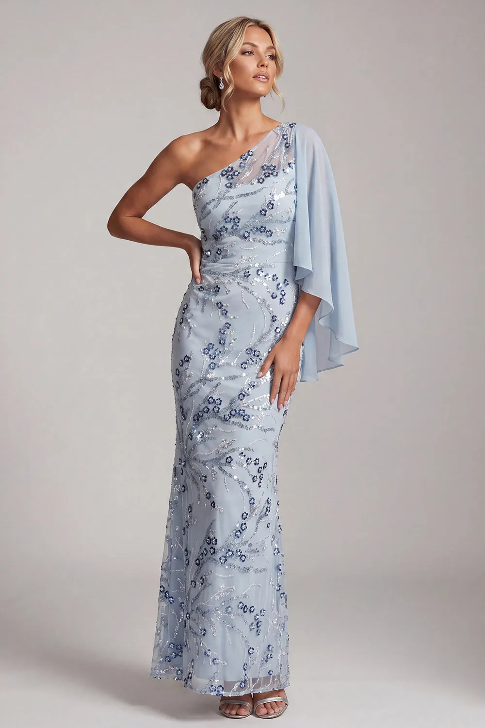 Sky Blue Mermaid One Shoulder Sequins Floral Long Mother of the Bride Dress sold by Zapaka product image thumbnail 3