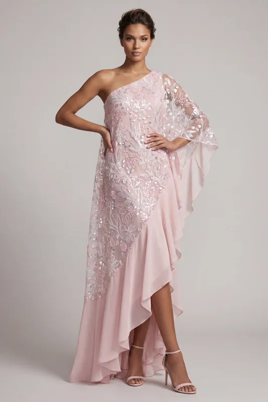 Pink One Shoulder Sheath Sequins Ruffled Long Mother of the Bride Dress with Beading made by Zapaka