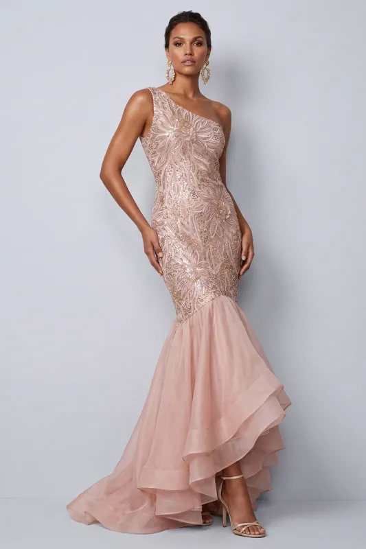 One Shoulder Pink Mermaid Sequins Long Mother of the Bride Dress with Ruffles made by Zapaka