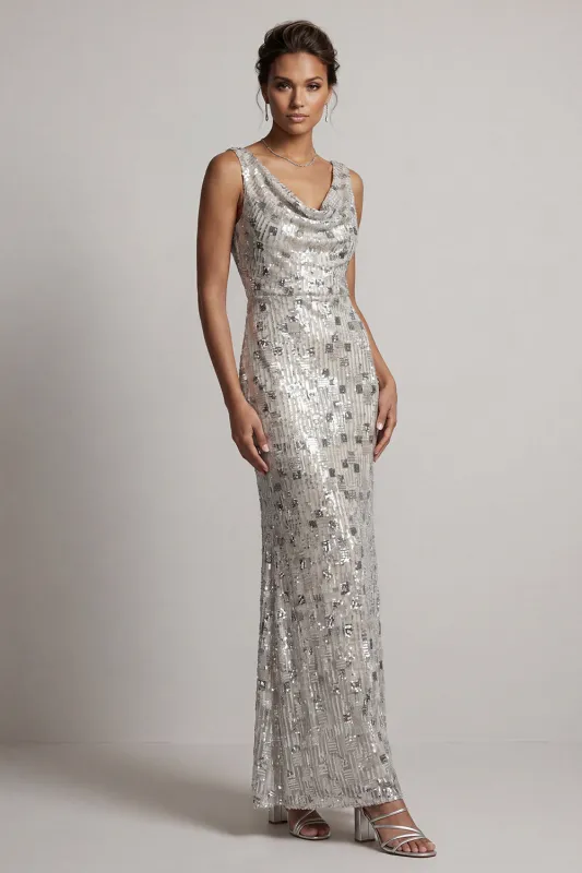 Sparkly Silver Cowl Neck Sequins Mermaid Long Mother of the Bride Dress made by Zapaka