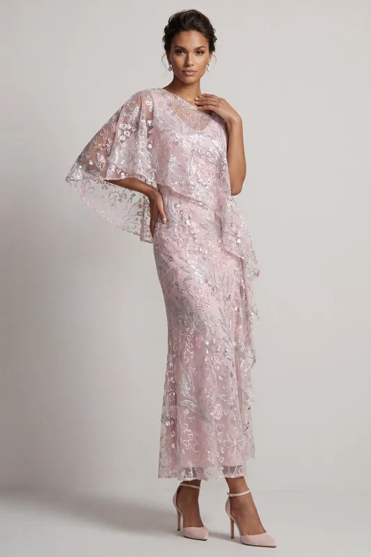 Pink One Shoulder Mermaid Sequins Floral Long Mother of the Bride Dress with Cape made by Zapaka