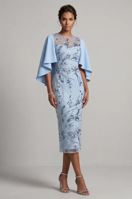 Bodycon Sky Blue Round Neck Sequins Floral Mother of the Bride Dress with Cape Sleeves made by Zapaka