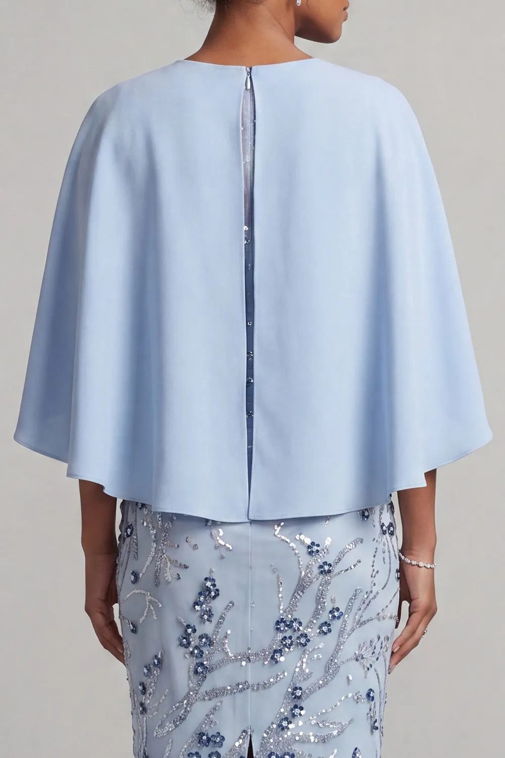 Bodycon Sky Blue Round Neck Sequins Floral Mother of the Bride Dress with Cape Sleeves sold by Zapaka product image thumbnail 5