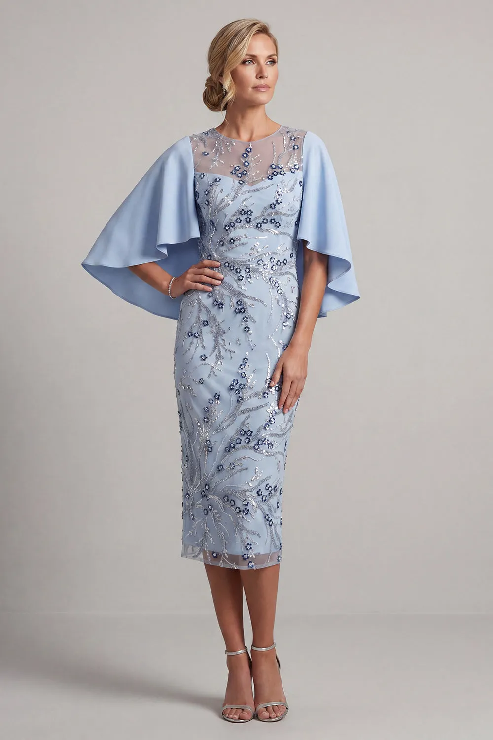 Bodycon Sky Blue Round Neck Sequins Floral Mother of the Bride Dress with Cape Sleeves sold by Zapaka product image thumbnail 3