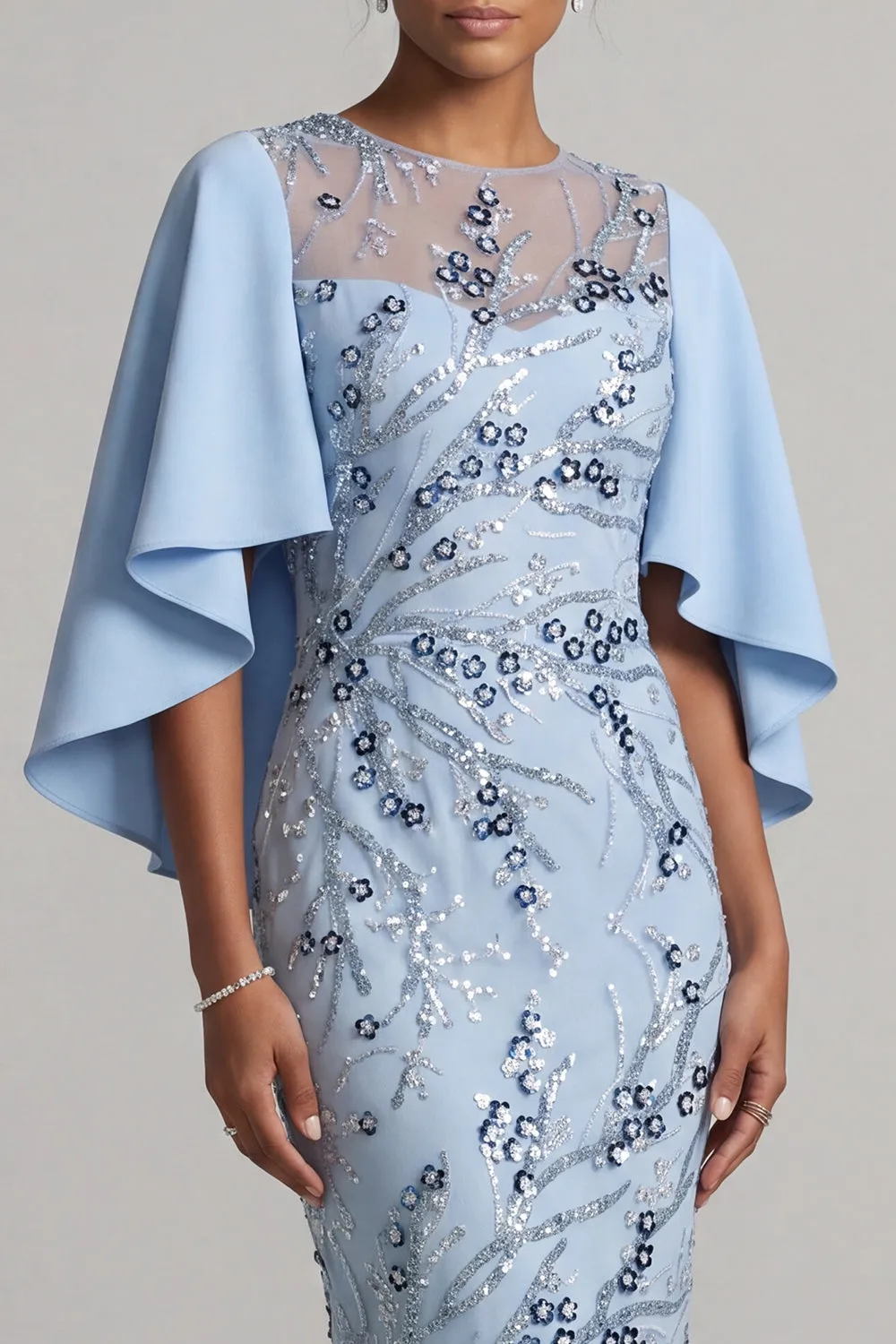 Bodycon Sky Blue Round Neck Sequins Floral Mother of the Bride Dress with Cape Sleeves sold by Zapaka product image thumbnail 4