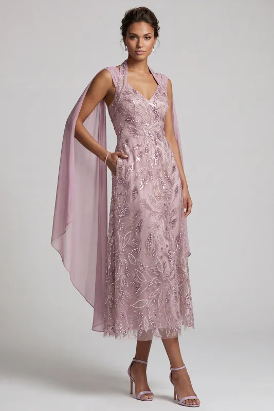 Fog Halter Neck Sequins A-Line Floral Midi Mother of the Bride Dress with Cape Sleeves made by Zapaka