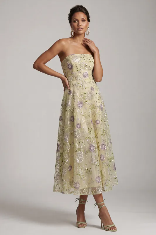 A-Line Dusty Sage Strapless Sequins Floral Midi Mother of the Bride Dress made by Zapaka